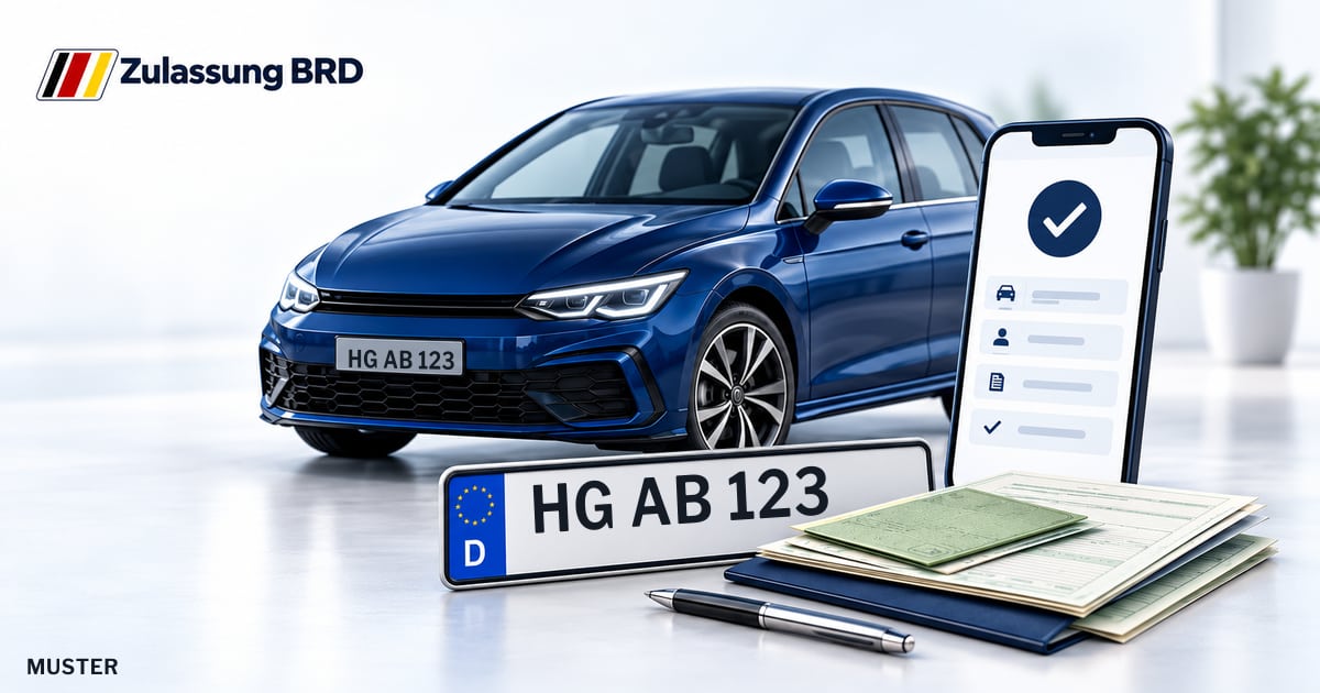 Online Fahrzeugzulassung in Wehrheim: Musterkennzeichen HG AB 123, Auto und Fahrzeugpapiere und Smartphone. Illustration mit Logo von Zulassung BRD.